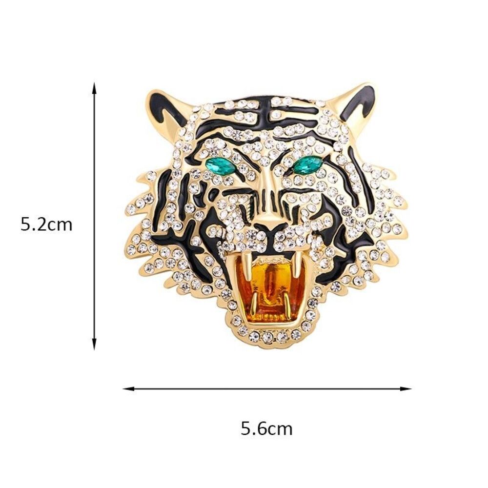 Statement Tiger Head Roaring Brooch Pin Pendant Gold Tone Rhinestone Black Ename - Picture 5 of 6